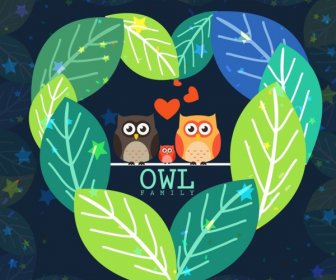 Owl Family Background Multicolored Leaf Decoration Cartoon Design