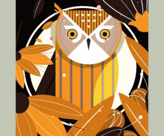 Owl Flowers Poster Colored Flat Retro Decor