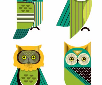 Owl Icons Colorful Flat Sketch