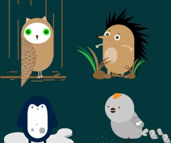Owl Penguin Chicken Porcupine Icons Cute Cartoon Design