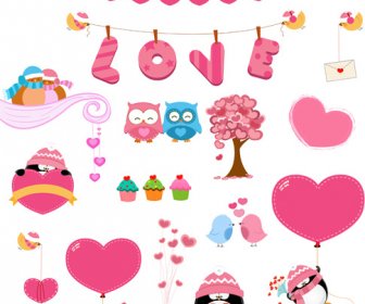 Owls And Penguins With Hearts Vector