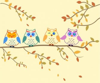 Owls Background Colored Hand Drawn Cartoon Sketch