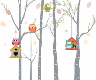 Owls Background Colorful Cartoon Decoration Bird Nest Icons