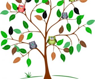 Owls Perching On Tree Vector Illustration