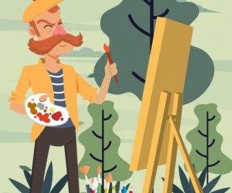 Painter Work Drawing Moustache Man Icon Colored Cartoon