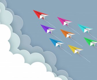 紙飛機五顏六色飛向天空之間的雲自然景觀去目標創業領導理念企業成功創意想法插圖載體卡通