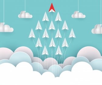 Papier Flugzeug Rot Und Weiß Fliegen In Den Himmel Zwischen Wolke Natürliche Landschaft Gehen, Um Start-up-Führung Konzept Des Geschäftserfolg Kreativ