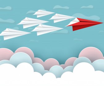 Avión De Papel Rojo Y Blanco Vuelan Hasta El Cielo Entre El Paisaje Natural De La Nube Van A Apuntar Concepto De Liderazgo De Startup De éxito Empresa