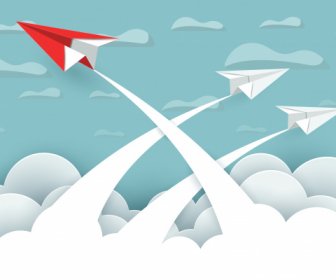 Paper Airplane Red And White Are Fly Up To The Sky Between Cloud Natural Landscape Go To Target Startup Leadership Concept Of Business Success Creative Idea Illustration Vector Cartoon