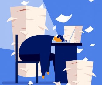 Paper Work Background Exhausted Man Desk Icons