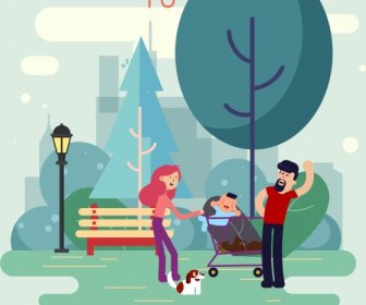 Park Advertisement Joyful Family Icon Cartoon Design