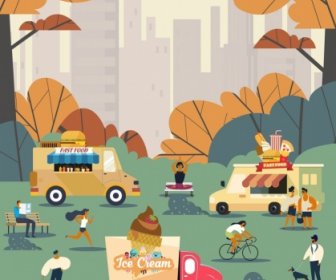 Park Background People Activities Fastfood Truck Icons