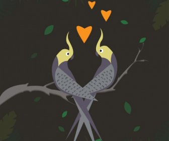 앵무새 커플 배경 부동 하트 장식 식물 삽화