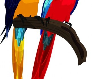 Parrot Couple Painting Colorful Icons Decor Cartoon Character