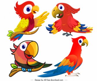 Parrot Icons Cute Cartoon Sketch Colorful Design