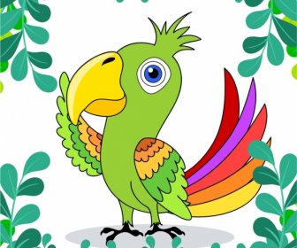 다채로운 Handdrawn 디자인 그림 앵무새 나뭇잎 장식