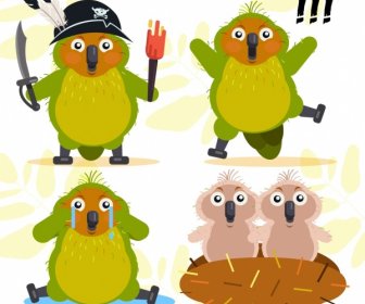 Parrots Icons Cute Stylized Cartoon Design