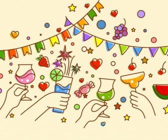 Party Background Cheering Hands Glasses Ribbon Handdrawn Design