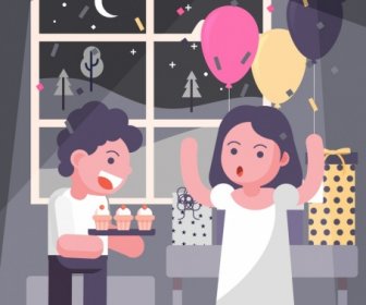 Latar Belakang Pesta Anak-anak Gembira Balon Kue Hadiah Ikon