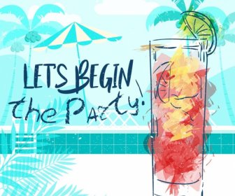 Party Banner Cocktail Icon Grunge Watercolor Handdrawn Design