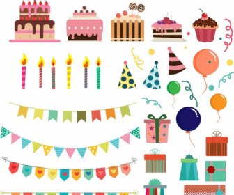 Party Design Elements Cakes Candle Ribbon Gift Icons