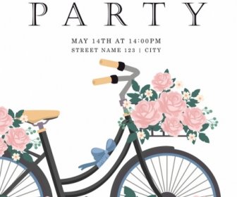 Party Invitation Card Template Bicycle Flowers Icons Decoration