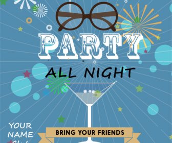 Party Poster Design With Wineglass On Blue Background