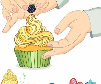 Pâtisserie Publicité Bannière Cupcake Main Icônes Décor