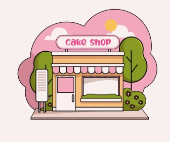 Pastry Shop Exterior Icon Flat Colorful Classic Sketch