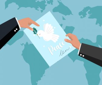 和平交渉協定の背景テンプレートフラットハンズ鳩カード世界地図スケッチ