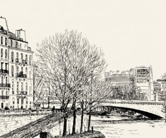 평화로운 도시 그림 검은 흰색 손으로 그린 스케치