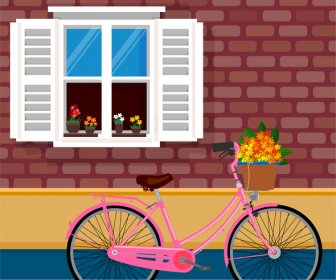 سلمي التوضيح الرسم مع دراجة الزهور قرب النافذة
