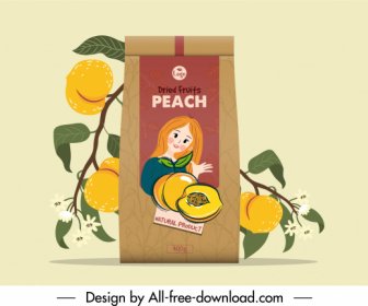 Plantilla De Paquete De Fruta De Melocotón Decoración Clásica Dibujada A Mano