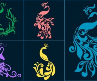 Peacock Icons Collection Various Dark Flat Colored Design