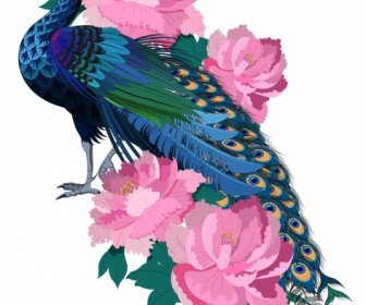 孔雀の絵、カラフルでエレガントなスケッチ、咲く花、装飾