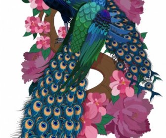 Peacock Painting Couple Blooming Floral Icons Sketch