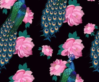 Peacocks Pattern Dark Colorful Elegant Decor Repeating Design