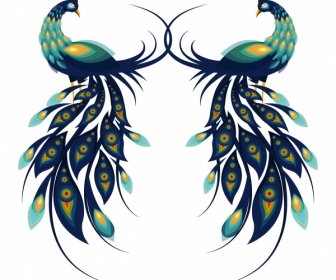 Peafowl Icons Bunte Flache Symmetrische Design
