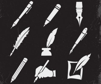 Pen Icons Collection Black White Retro Design