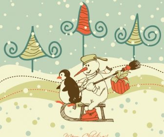 Penguin Enjoying In Winter Scene Christmas Greeting Card Vector
