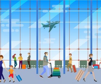 People At Airport Design In Colored Style