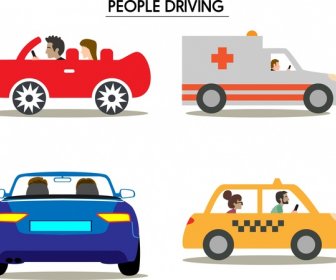 Menschen Fahren Auto Symbole Von Verschiedenen Seiten