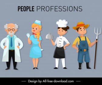 People Profession Icons Colored Cartoon Characters Sketch