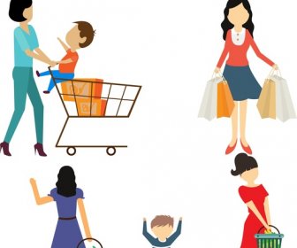 Menschen Beim Einkaufen Frau Und Kinder Design Konzepte