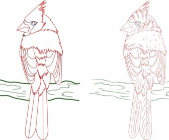 Perching Bird Icons Colored Hand Drawn Outline