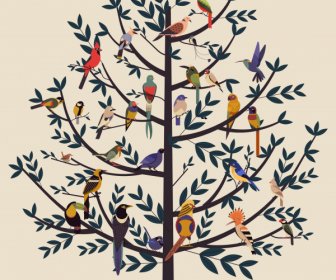 とまり木の鳥が多色の古典的なデザインを描く