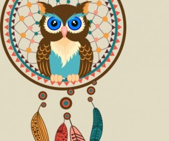 Perching Owl Icono Colorido Dream Catcher Decoracion