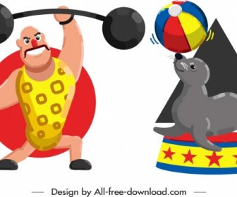 Performing Athlete Seal Icons Colored Cartoon Characters