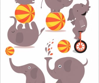 Performing Elephant Icons Colored Cartoon Design