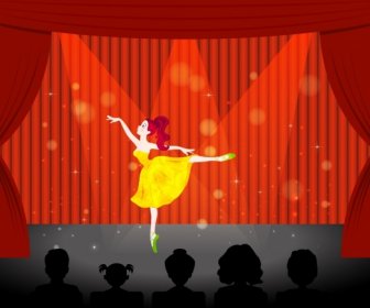 Durchführung Von Weiblichen Ballerina Symbol Funkelnden Roten Vorhang Bühne